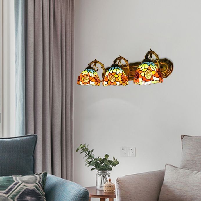 3 Heads Orange Vanity Lighting with Yellow Flower/Sunflower Pattern Lodge Tiffany Stained Glass Wall Lighting for Bathroom