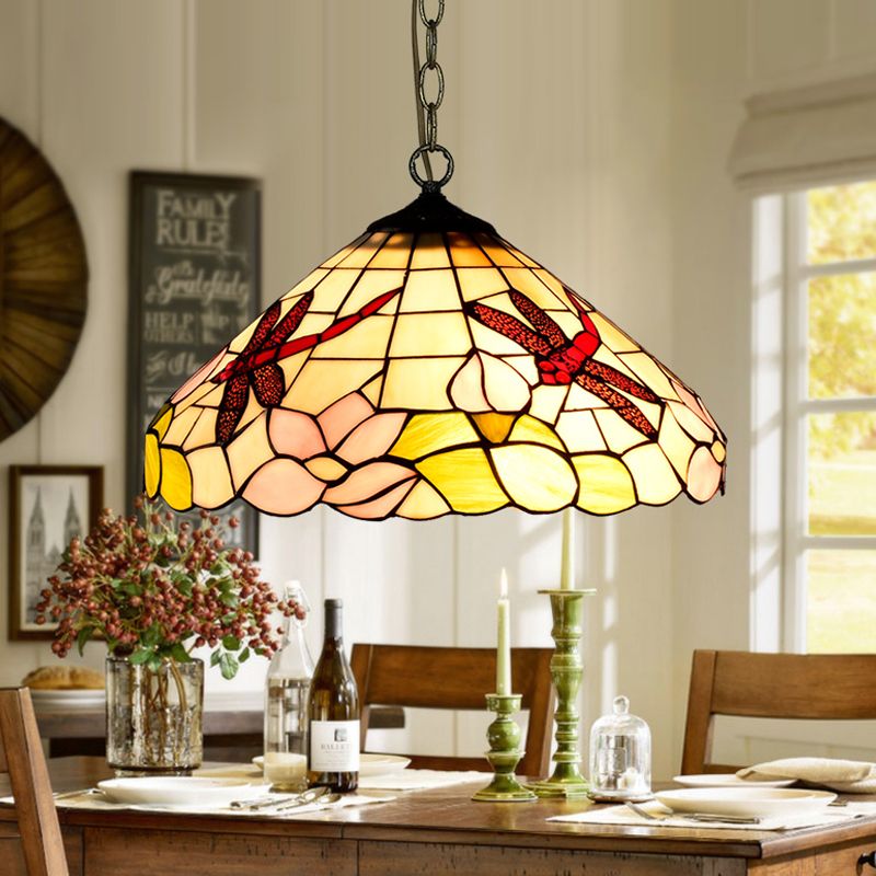 Flower/Cone Hanging Light Fixture 1 Light Stained Glass Mediterranean Pendant Lamp in Black