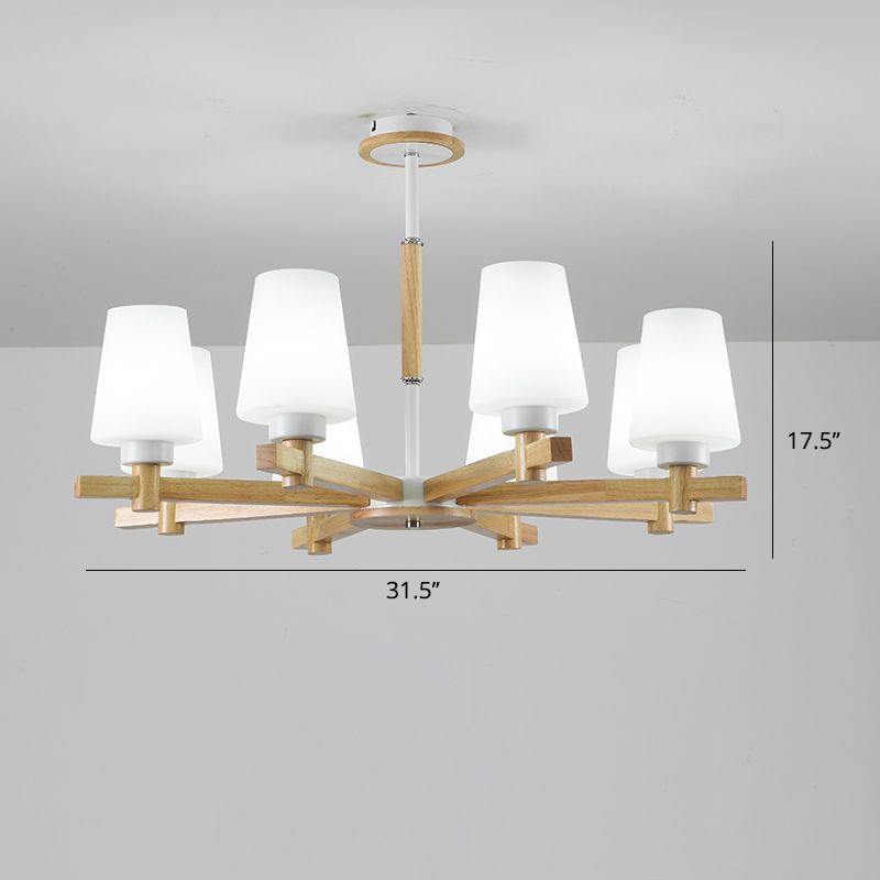 Milk Glass Tapered Chandelier Modern Wood Suspension Light Fixture for Living Room