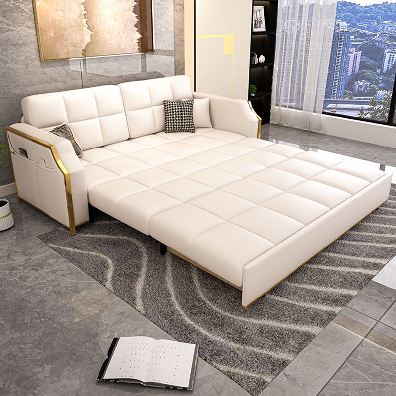 Glam Sofa Bed in White Faux leather Futon Sofa Bed Biscuit Back Sleeper