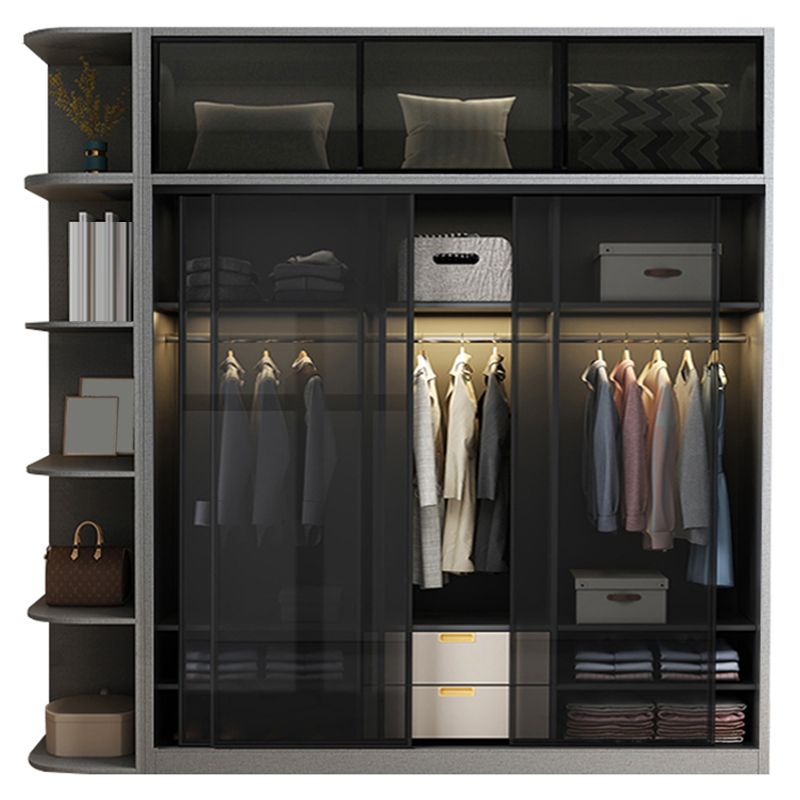 Contemporary Wood and Tempered Glass Wardrobe Freestanding Wardrobe Armoire without Light