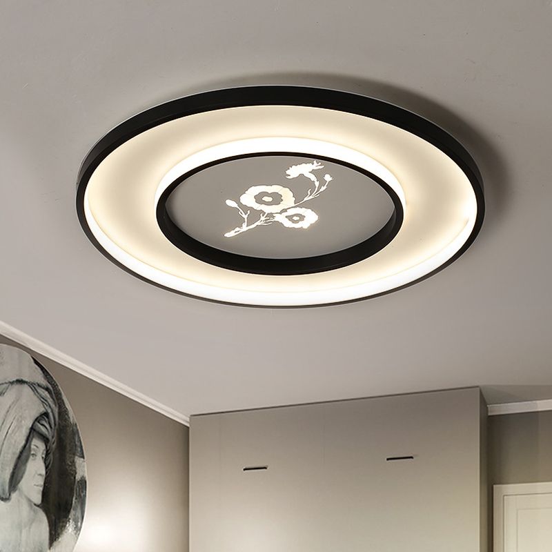 16"/19.5" Dia Modern Round Ceiling Flush Mount Acrylic LED Bedroom Flush Light Fixture in Black with Flower Pattern, White/Warm Light