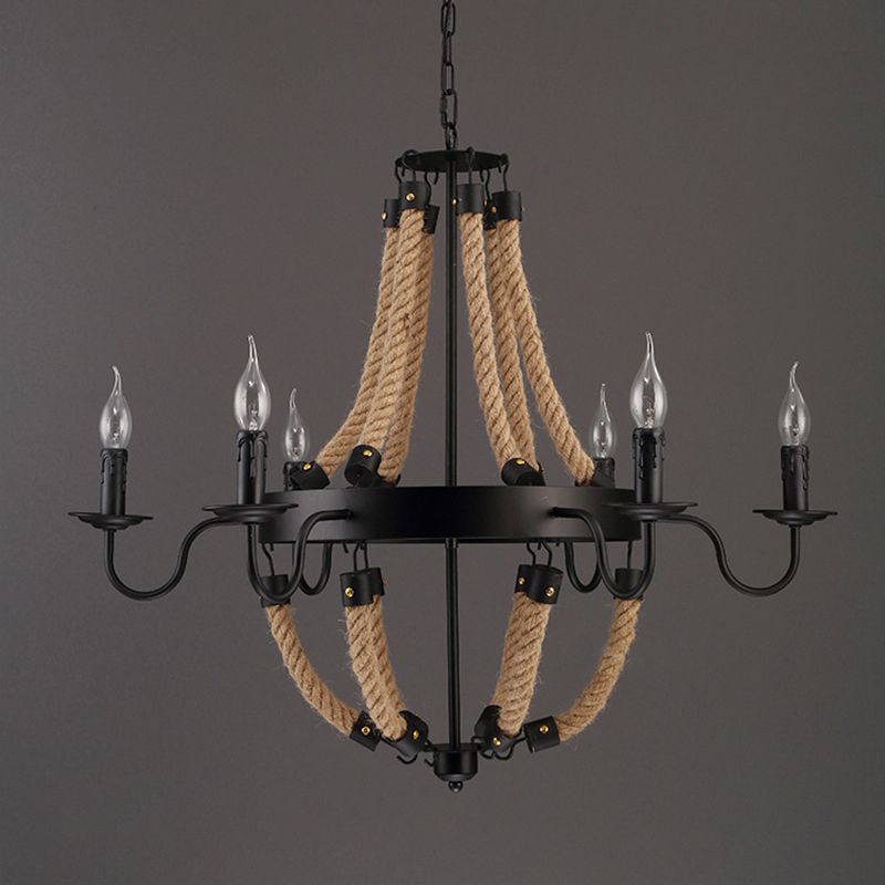 Loft Style Candelabrum Chandelier 8 Bulbs Hemp Rope Hanging Lamp in Black for Living Room