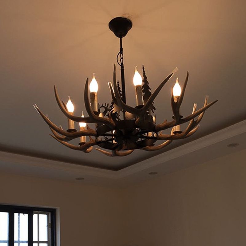 8-Bulb Resin Chandelier Lighting Rustic Light Brown Deer Antler Indoor Suspension Light with Pine Tree Accent