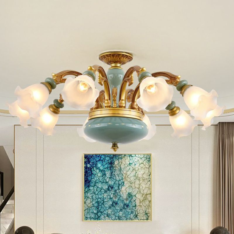 Flower Opal Frosted Glass Chandelier Vintage Living Room Hanging Light in Brown-Blue