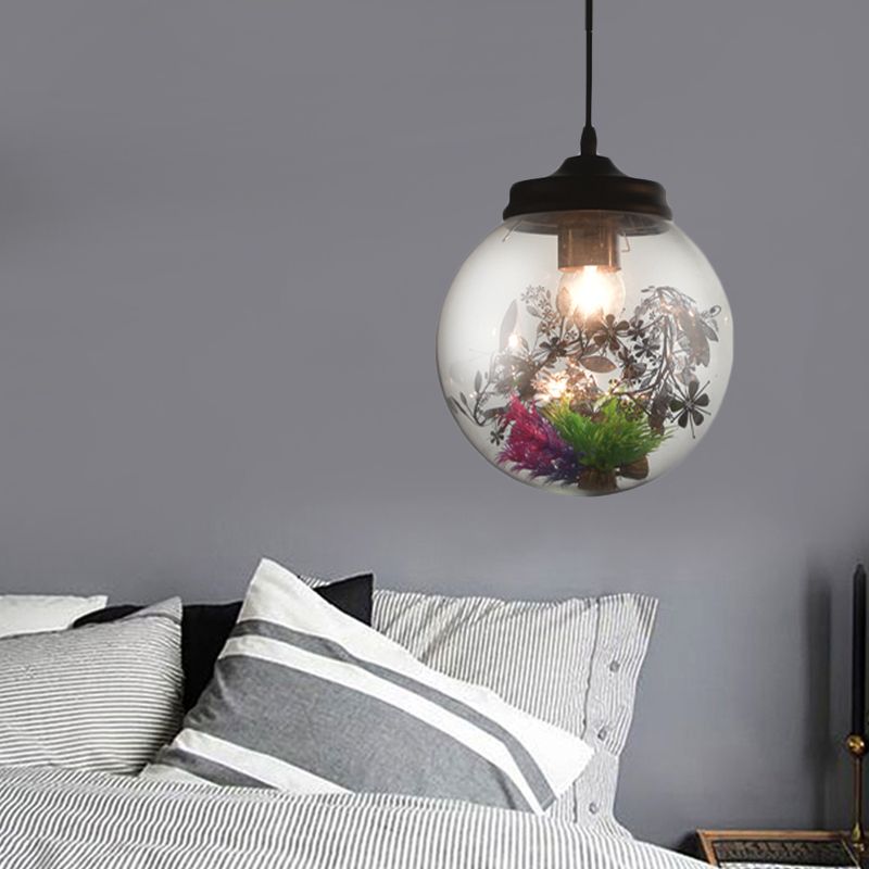 Contemporary 1 Light Hanging Lamp with Clear Glass Shade and Plant Decoration Cylinder/Oval/Globe Pendant Lamp, 6.5"/8"/10.5" Wide