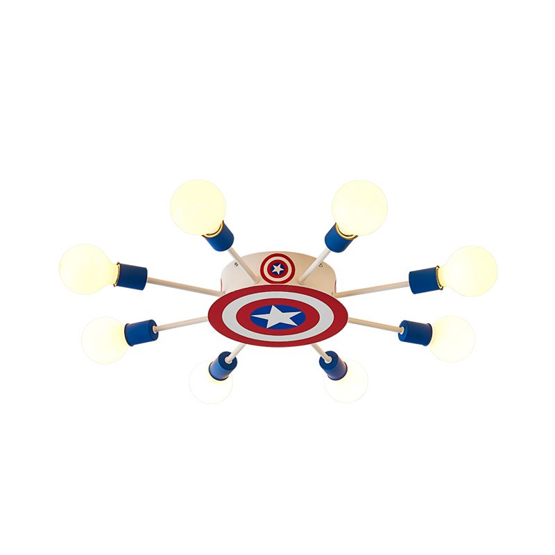 Kids Sputnik Semi Flush Light Metal 8 Heads Bedroom Ceiling Flush Mount in Red and Blue