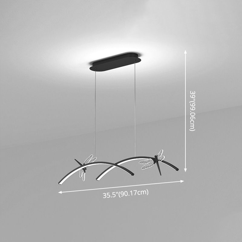 Curve Linear LED Island Pendant Minimalist Metal Restaurant Ceiling Light with Dragonfly Decor