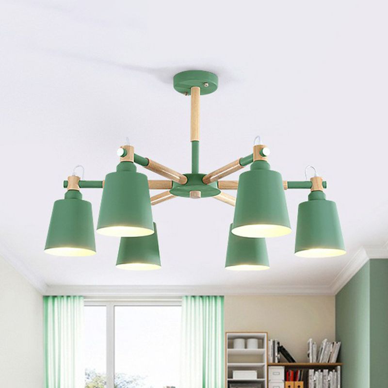 Illuminazione radiale lampadario in legno semplicistico 6 teste sala da pranzo luce a sospensione con ombra metallica affusolata
