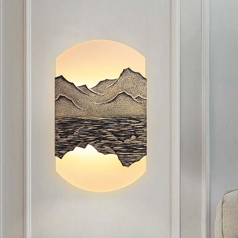 Fan/Oval Corridor Mountain Wall Mural Light Acrylic LED Oriental Style Wall Mount Light Fixture in Silver/Brown