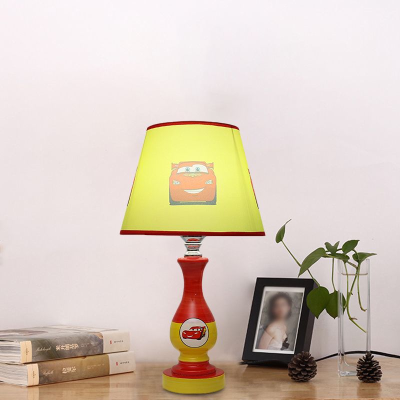 Cartoon Cone Nightstand Lamp Fabric 1-Bulb Boys Bedroom Night Light with Star/Car Pattern in Blue/Yellow