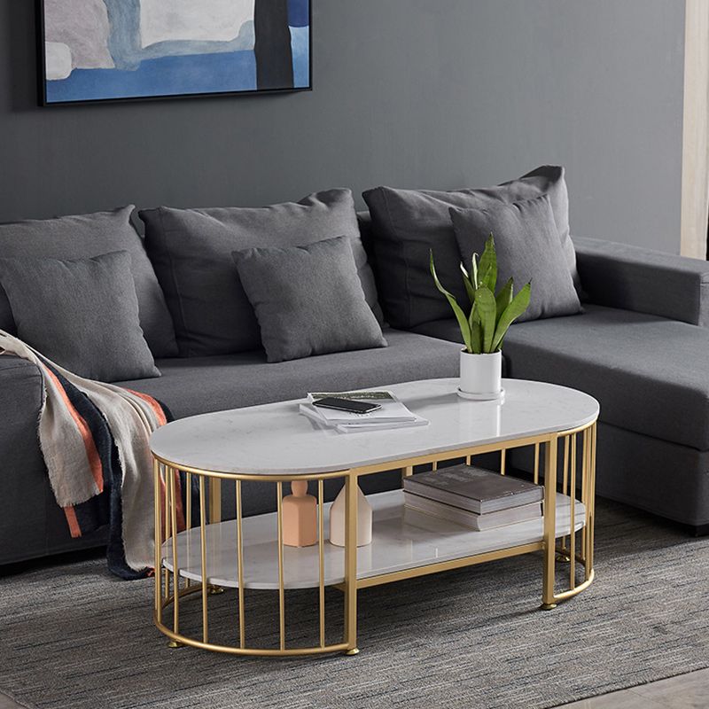 Glam Oval Marble Coffee Table 17.7"H Steel Sled Cocktail Table with Shelf