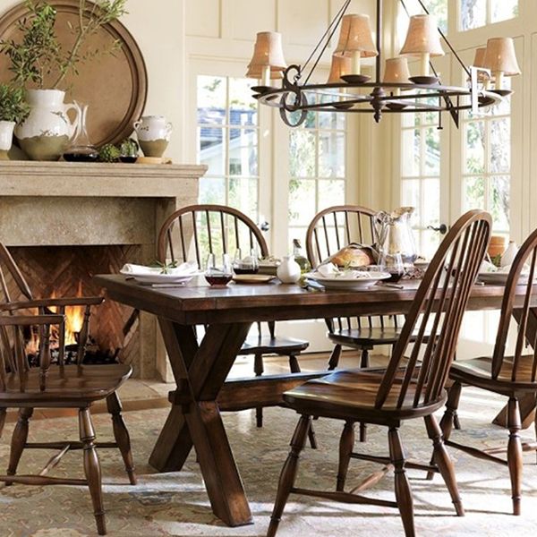 Rectangle Mid-Century Dining Table Brown Tone Fixed Table with Pinewood Solid Wood