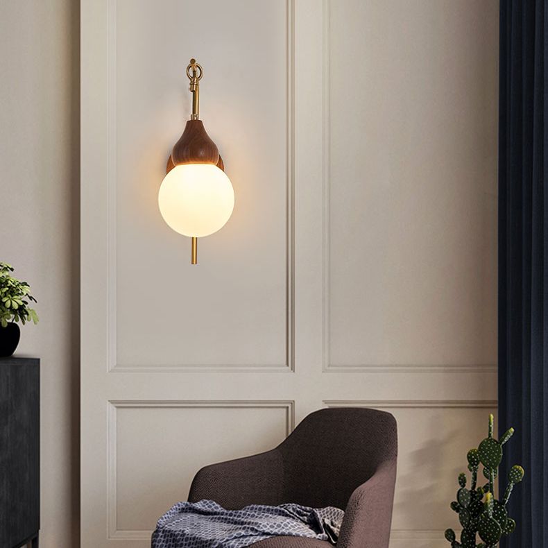 Globe Wood Wall Lamp 1-Light Contemporary Glass Armed Wall Mount Lamp for Bedroom