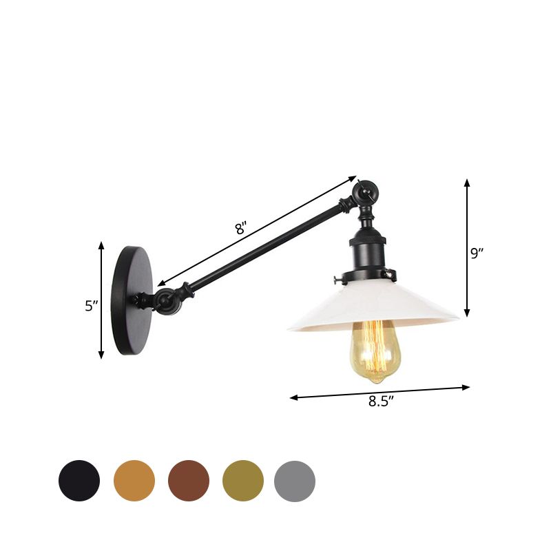 Industrial Conical Sconce Light 1 Light Opal Glass Wall Lamp in Black/Bronze/Brass with Arm, 8"/12" L