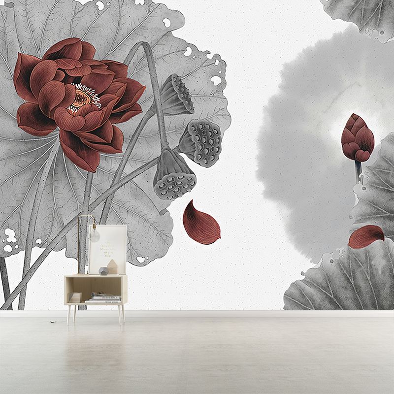 Lotus Print Murals Wallpaper Grey and Red Asian Style Wall Covering for Bedroom Decor