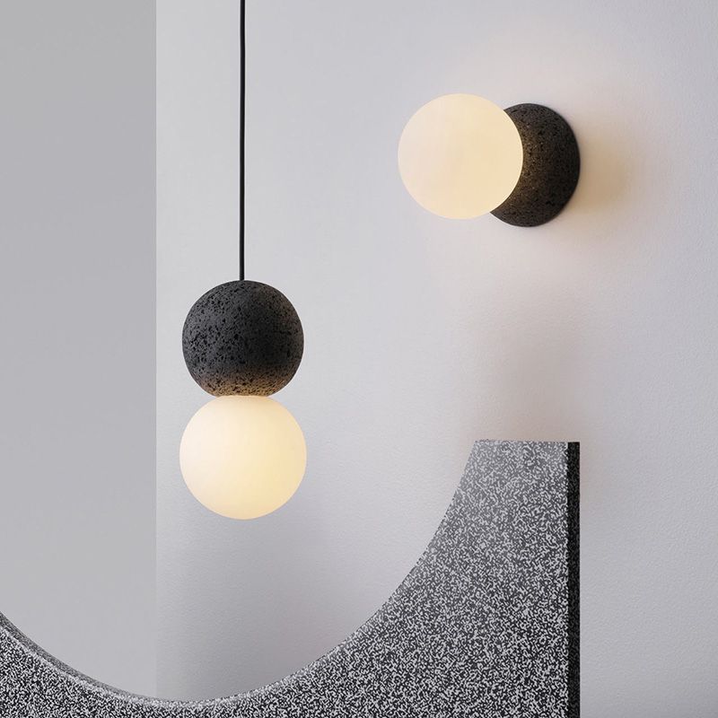 Cement Twin Ball Ceiling Hang Light Postmodernist 1 Light Black Pendant Lamp with Opal Glass Shade