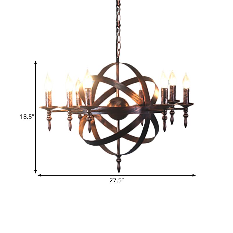 Candle Metallic Chandelier Light Fixture with Spherical Cage Shade Vintage 6/8 Heads Restaurant Ceiling Light in Black/Rust