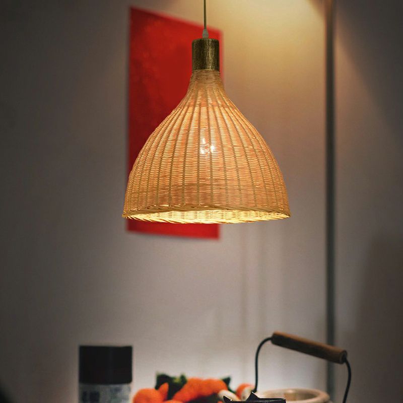 Asia 1 Bulb Down Lighting Pendant Beige Droplet-Like Hanging Lamp with Bamboo Shade