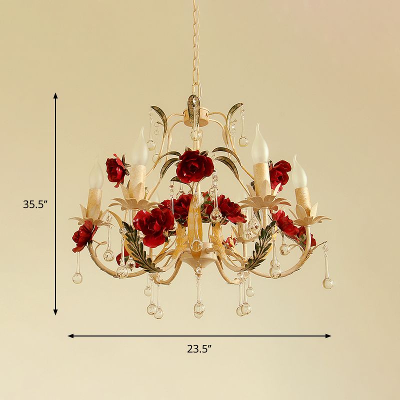 Beige 6 Bulbs Chandelier Light Rustic Iron Candlestick Pendant Lamp with Crystal Drop