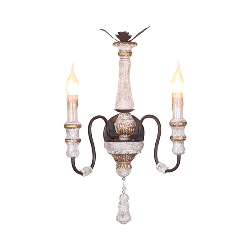 Solid Wood Candle Sconce Lighting Antique Style 2-Light Bedroom Wall Mounted Lamp in White