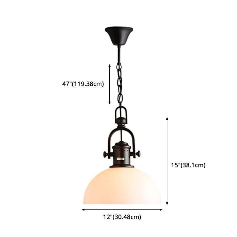 Wrought Iron Single Hanging Light in Industrial Retro Style Dome Glass Ceiling Light for Dining Room