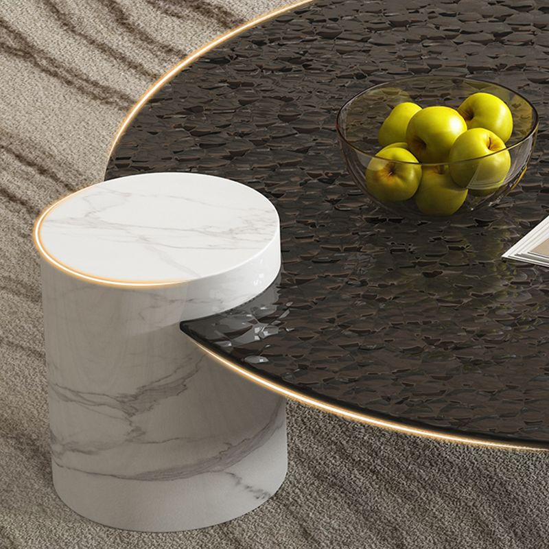 9"H Single Round Black Marble Coffee Cocktail Table with Glass Top