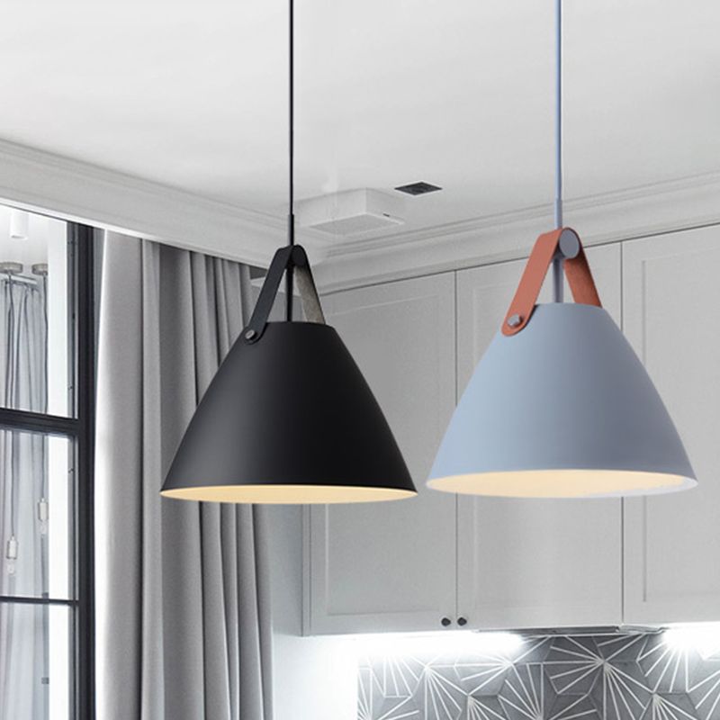 Metal Truncated Cone Drop Pendant Nordic 1-Light Black/Grey/White Suspension Lighting with Leather Strap, 10.5"/14" W