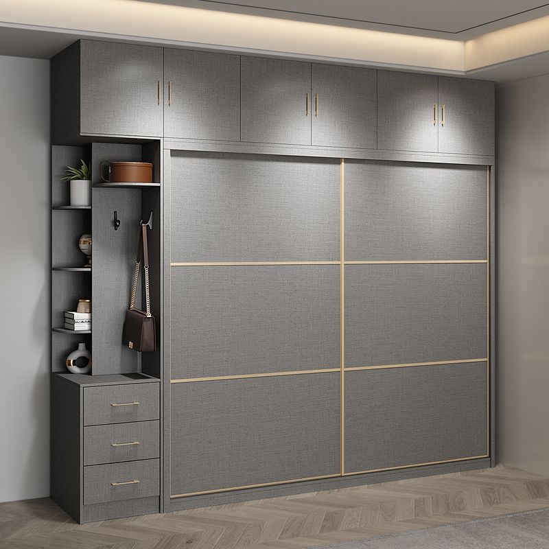 Contemporary Style Gray Colour Wardrobe Wooden Cloth Rod Included Wardrobe Closet