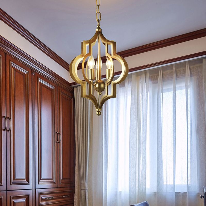 3 Bulbs Candle Chandelier Light Traditional Gold Metal Hanging Ceiling Fixture for Dining Room with Cage, 12.5"/28" Wide