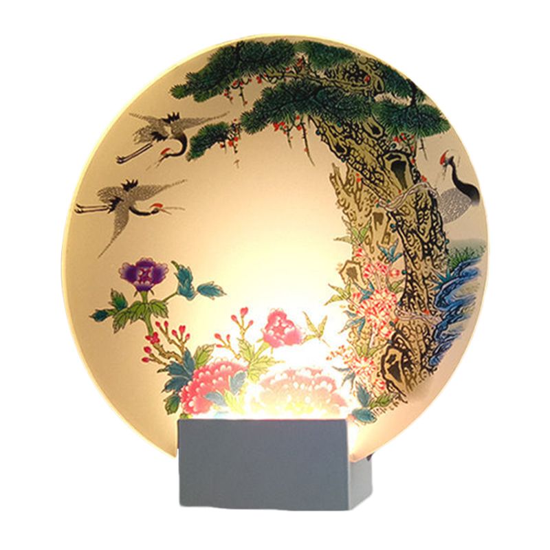 White Disc Shaped Wall Mounted Lamp Chinese LED Acrylic Mural Light with Halcyon and Peony Pattern