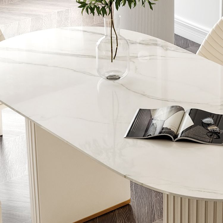 Oval Traditional Luxury Dining Table White Sintered Stone Table with White Double Pedestal