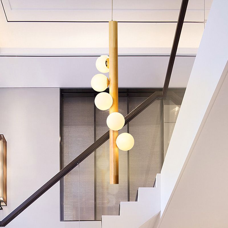 Modo Chandelier Lighting Contemporary Cream Glass 5 Heads Restaurant Pendant Light in Wood