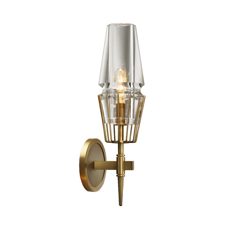 Clear Glass Tapered Sconce Lighting Colonial 1/2-Light Porch Wall Light in Gold with Metal Frame