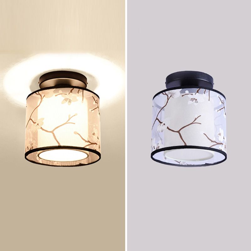 Single Head Flush Lamp Chinese Style Fabric Flush Ceiling Light for Living Room