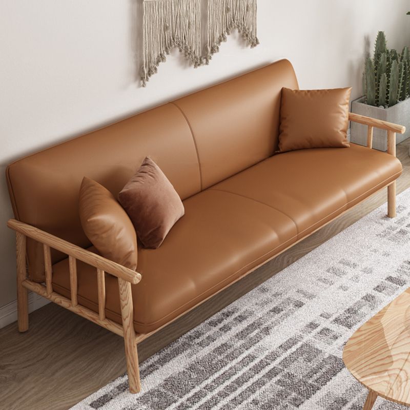 Stationary Leather Living Room Sofa Tuxedo Arm Settee in White/Brown