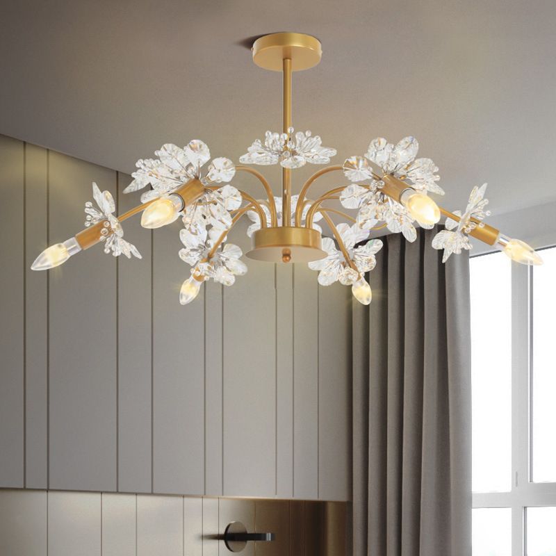 Curved Arm Metal Chandelier Light Traditional 6 Lights Living Room Hanging Lamp with Clear/Cream Crystal Accent
