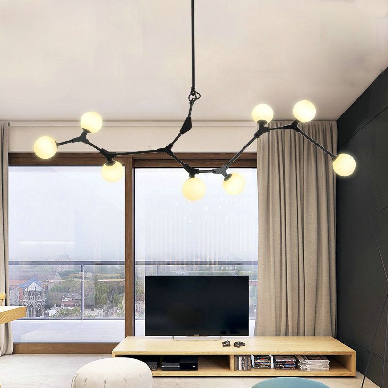 Black Molecular Island Light Modern 8-Bulb White Glass Suspension Light