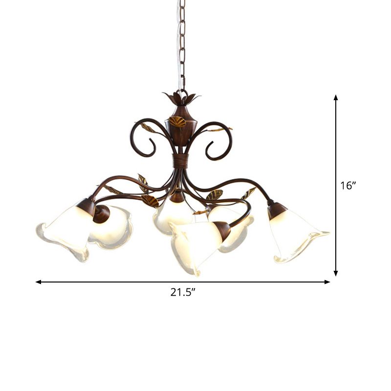 6 Heads Bedroom Hanging Chandelier Contemporary Red Brown Ceiling Pendant Light with Flower Frosted Glass Shade