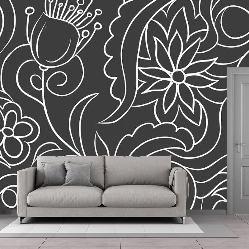 Black and White Minimalist Mural Wallpaper Whole Floral Wall Art for Living Room