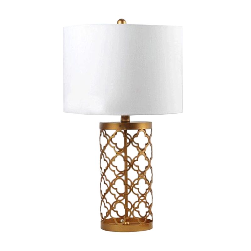 Minimalistische Quatrefoil Night Stand Light Metal 1 Head Slaapkamer Tafellamp met cilinderschaduw in wit, 14 "/15" W