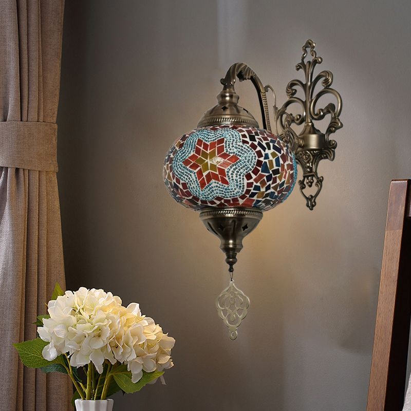 1 Bulb Stained Glass Wall Light Moroccan Yellow/Orange/Green Sphere Living Room Wall Mount Lighting