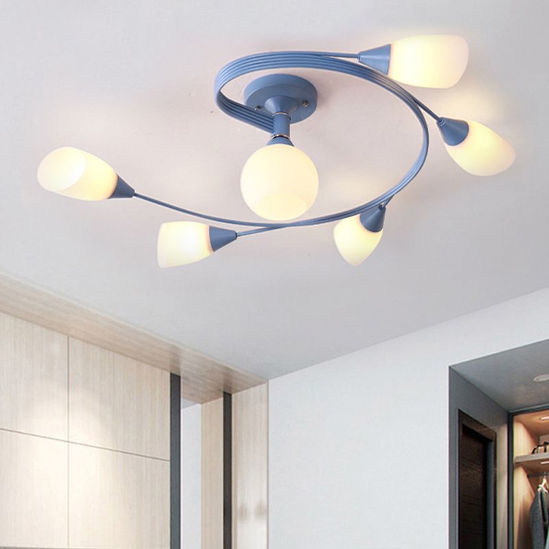 Curly Semi Flush Mount Light Nordic Fer 4/6 HEAD GREN / ROSE / JAUNE PLAFICATION AVEC BLAND D'ECVOIRE DE VERRE