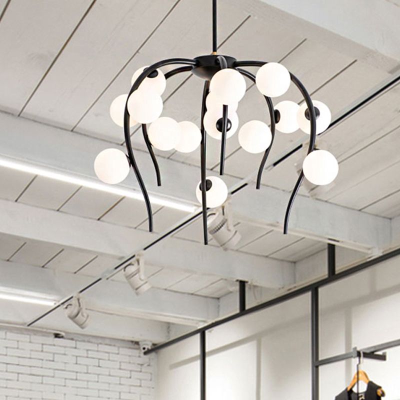 Branch Dining Room Chandelier Iron 15/20-Light Modern Hanging Lamp in Black/Gold with Matte White Balls