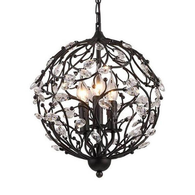 European Globe Hanging Chandelier 3-Head Beveled Glass Crystal Suspension Lamp in Black
