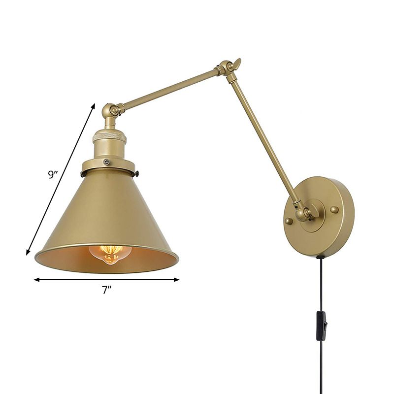 Conical Bedside Wall Reading Lamp Antique Metallic 1 Bulb Brass Plug-in/Plug-less Wall Mounted Light with Swing Arm
