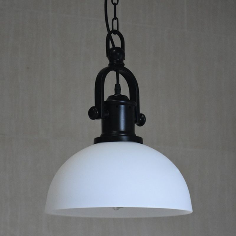 Wrought Iron Single Hanging Light in Industrial Retro Style Dome Glass Ceiling Light for Dining Room
