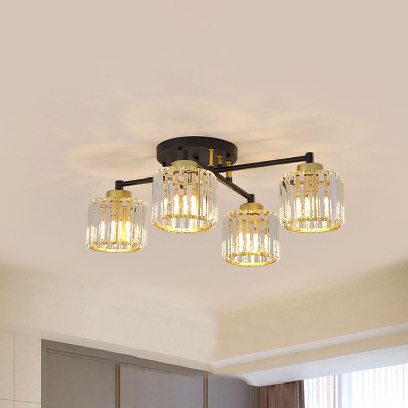 Cylinder Bedroom Semi Flush Light Minimalist Crystal Rectangle 4/6-Light Black and Gold Flushmount