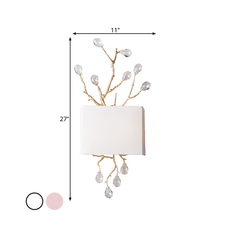 Rectangle Bedroom Wall Mounted Lamp Classic Fabric 2 Lights Brass Sconce with Pink/Clear Crystal Accent