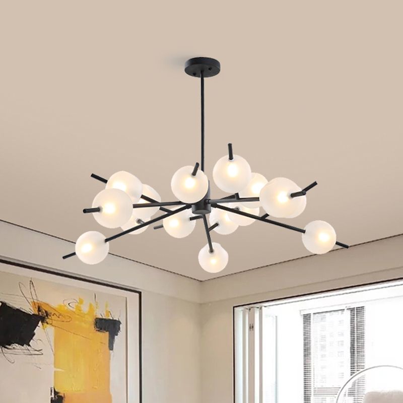 Modern Branched Ceiling Pendant Lamp Metal 15 Bulbs Parlor Chandelier Light in Black/Gold with Orb Frosted Glass Shade Insert